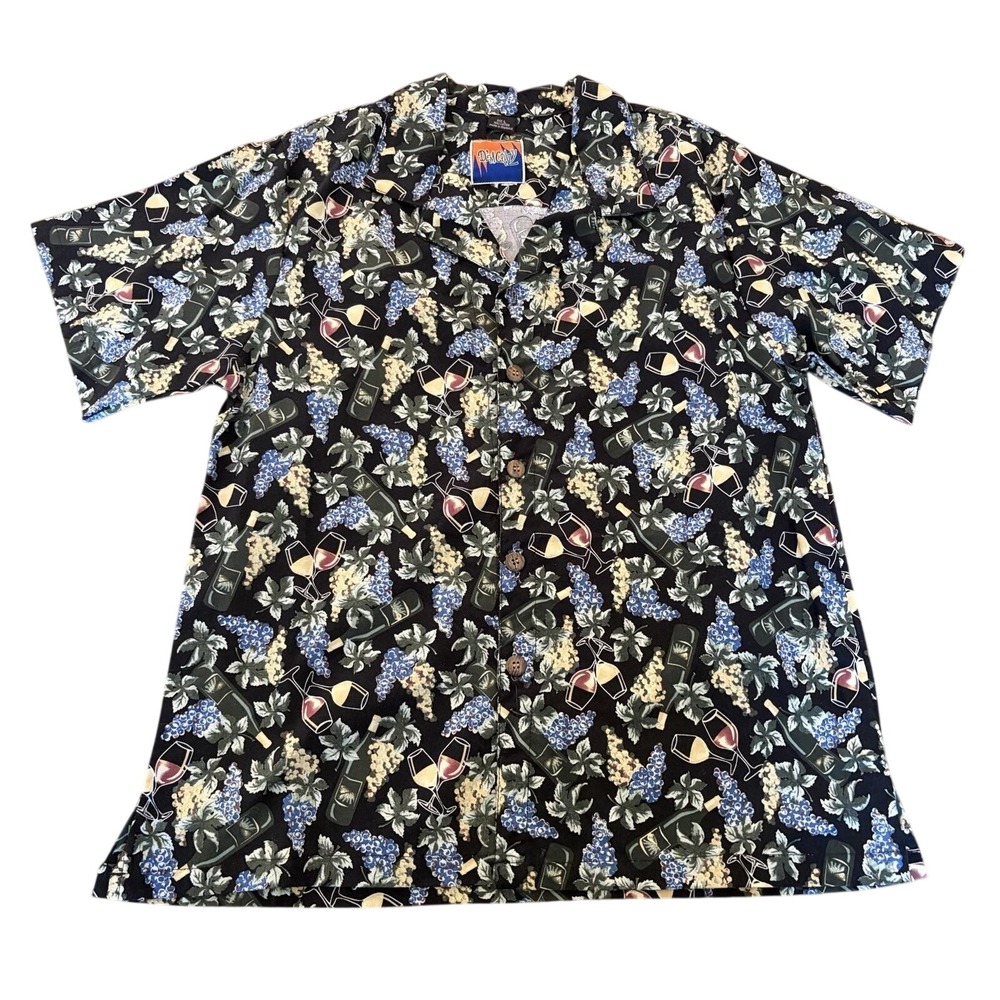 D'em Crazy Women's L Hawaiian Shirt Black Wine Grapes Bottles 100% Cotton